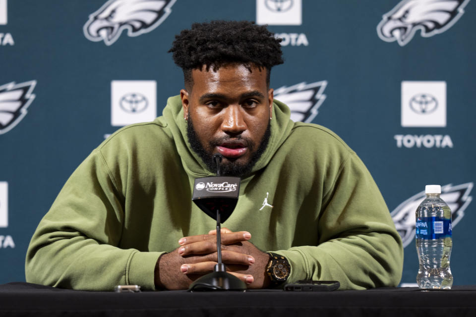 Philadelphia Eagles Bryce Huff talks to the media during the press conference after signing with the Eagles, Thursday, March 14, 2024, in Philadelphia. (AP Photo/Chris Szagola)