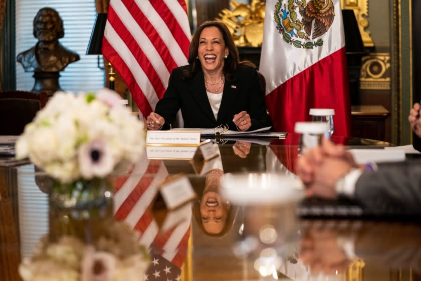 WASHINGTON, DC - MAY 07: Vice President Kamala Harris hosts a virtual bilateral meeting with President Andres Manuel Lopez of Mexico in the Vice President's Ceremonial Office in the Eisenhower Executive Office Building on the White House campus on Friday, May 7, 2021. (Kent Nishimura / Los Angeles Times)