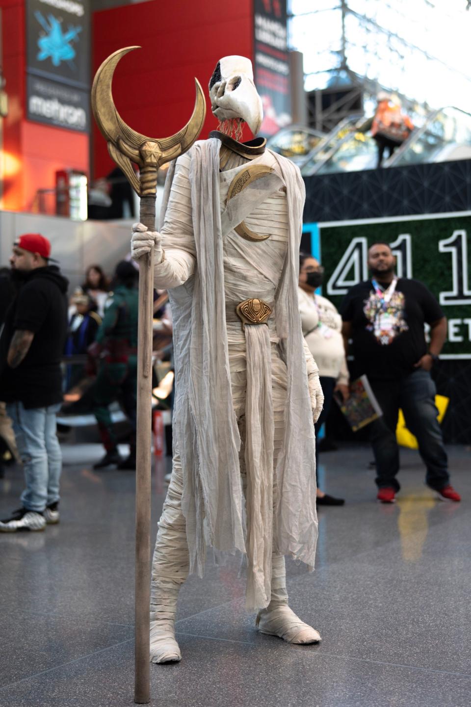 A cosplayer dressed as Khonshu from "Moon Knight" at New York Comic Con 2022.