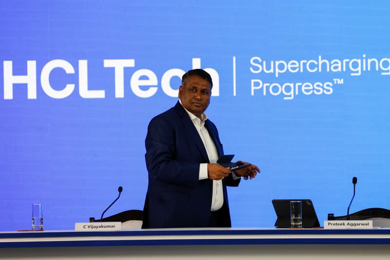 FILE PHOTO: C Vijayakumar, CEO and Managing Director of HCLTech, India's third-largest IT services provider, speaks during a press conference announcing the company's quarterly results at its headquarters in Noida