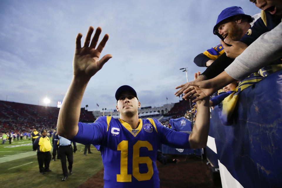 Los Angeles Rams quarterback Jared Goff greets fans after their win against the Arizona Cardinals during second half of an NFL football game Sunday, Dec. 29, 2019, in Los Angeles. (AP Photo/Marcio Jose Sanchez)