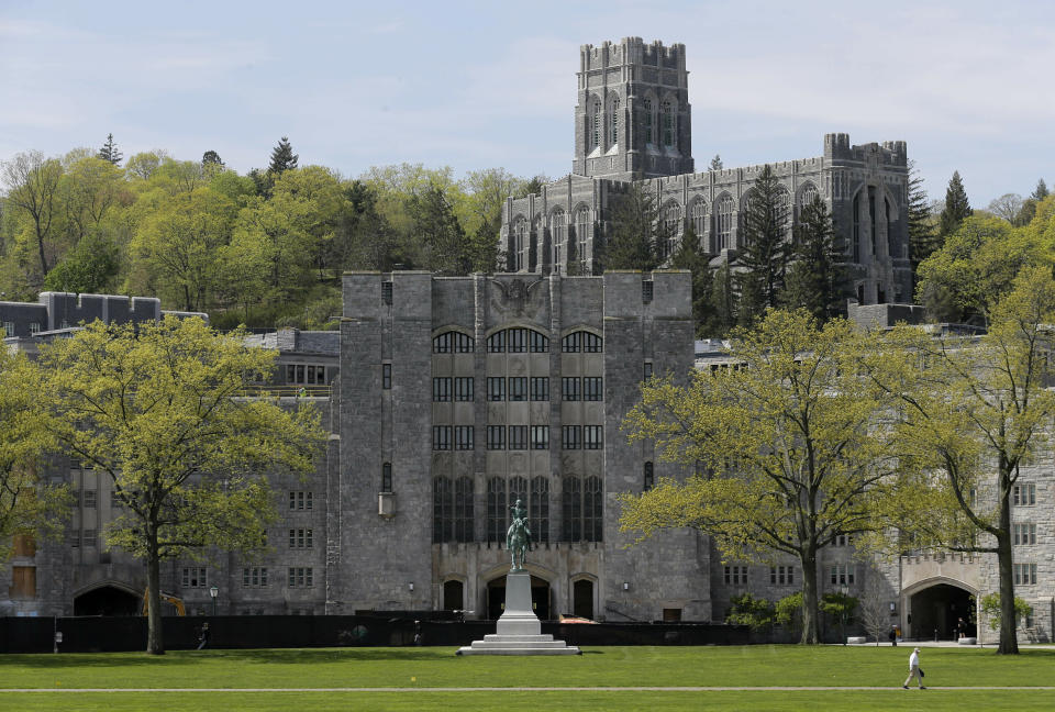 FILE - This May 2, 2019 file photo shows a view of the United States Military Academy at West Point, N.Y. On Monday, June 3, a three-judge Army appeals court panel reversed the 2016 rape conviction of cadet Jacob Whisenhunt and ordered him reinstated at the academy. Angering sexual assault victim advocates who say the decision is filled with victim-blaming, the judges found it implausible that Whisenhunt could complete the offenses without cooperation or detection. (AP Photo/Seth Wenig, File)
