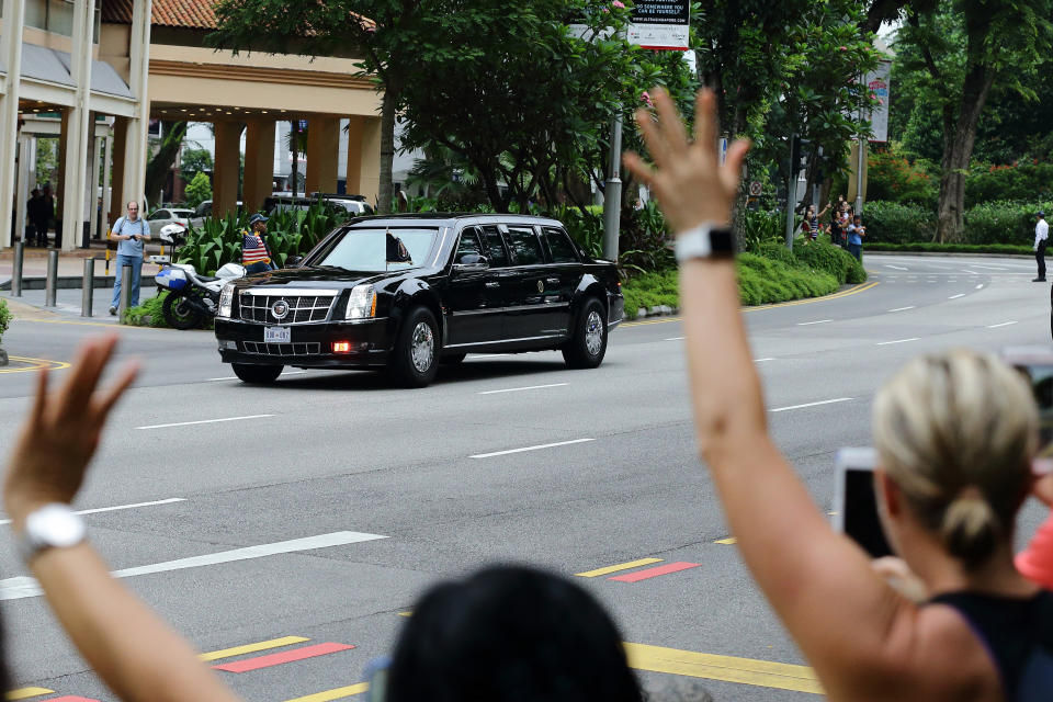 Trump's motorcade leaves for the Capella Hotel on Sentosa Island, Singapore, the site of the summit.