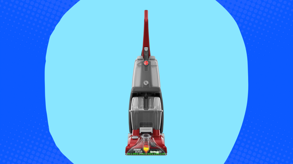 the red and gray hoover carpet cleaner on a blue background