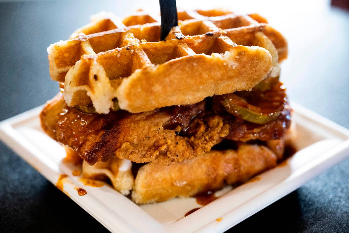 A hot chicken waffle sandwich makes for an out-of-the-ordinary choice. Find it at Extreme Carnival Eats in the Fair Food Court.