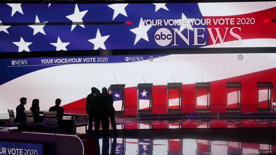 PHOTO: The stage is seen ahead of the eighth Democratic primary debate of the 2020 presidential campaign at St. Anselm College in Manchester, New Hampshire, on Feb. 7, 2020. (Timothy A. Clary/AFP via Getty Images, FILE)