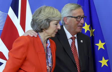 British Prime Minister Theresa May (L) is welcomed by European Commission President Jean-Claude Juncker at the EC headquarters in Brussels, Belgium October 21, 2016. REUTERS/Yves Herman
