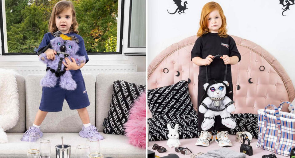 Two photos from a Balenciaga campaign of two children holding plush bears that wear bondage-like accessories.