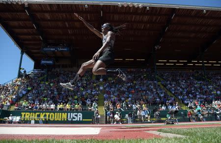 Jul 2, 2016; Eugene, OR, USA; Brittney Reese competes during the women's long jump in the 2016 U.S. Olympic track and field team trials at Hayward Field. Kirby Lee-USA TODAY Sports