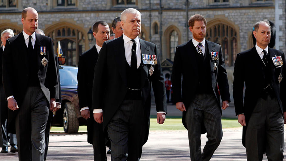 Prince Harry and Prince William walking at Prince Phillips funeral