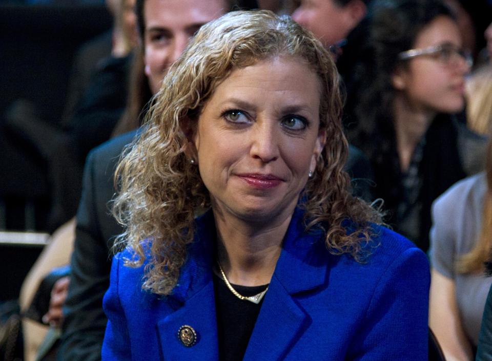 FILE - In this March 4, 2012 file photo, Democratic National Committee Chair, Rep. Debbie Wasserman Schultz, D-Fla. is seen at the Washington Convention Center in Washington. Democrats are eagerly renewing their fight against privatizing Social Security now that Republican presidential candidate Mitt Romney has picked Paul Ryan as his running mate. It was a fight that didn't go well for the GOP back when former President George W. Bush pushed the idea in 2005. (AP Photo/Carolyn Kaster, File)