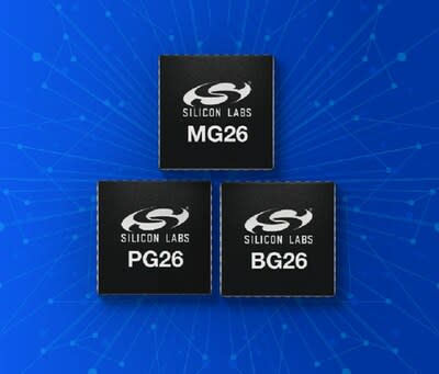 The three members of the xG26 family: the multiprotocol MG26 SoC, the Bluetooth LE BG26 SoC, and the PG26 MCU.