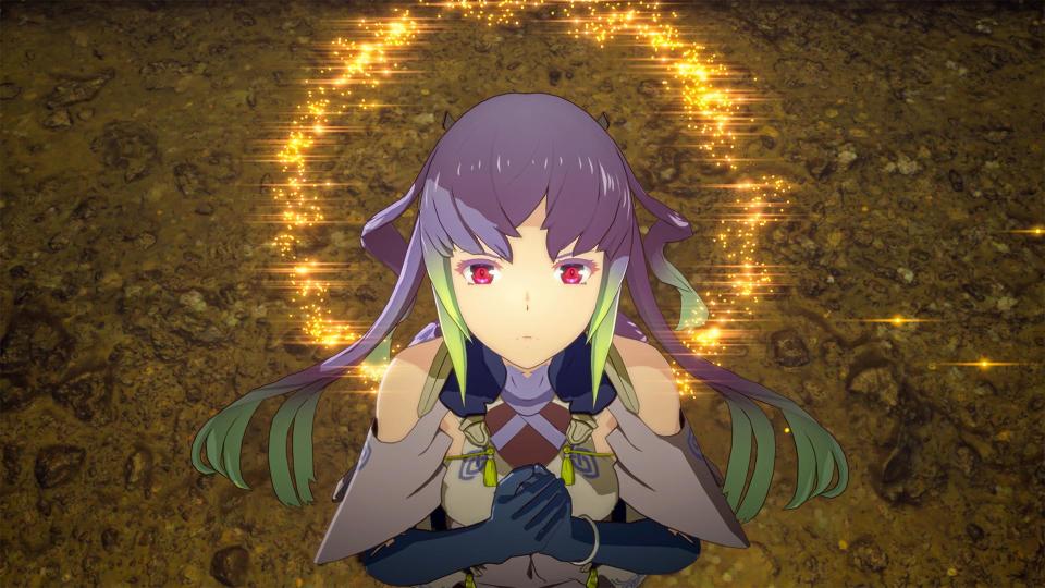 A woman with purple hair with a yellow halo and ominous red eyes