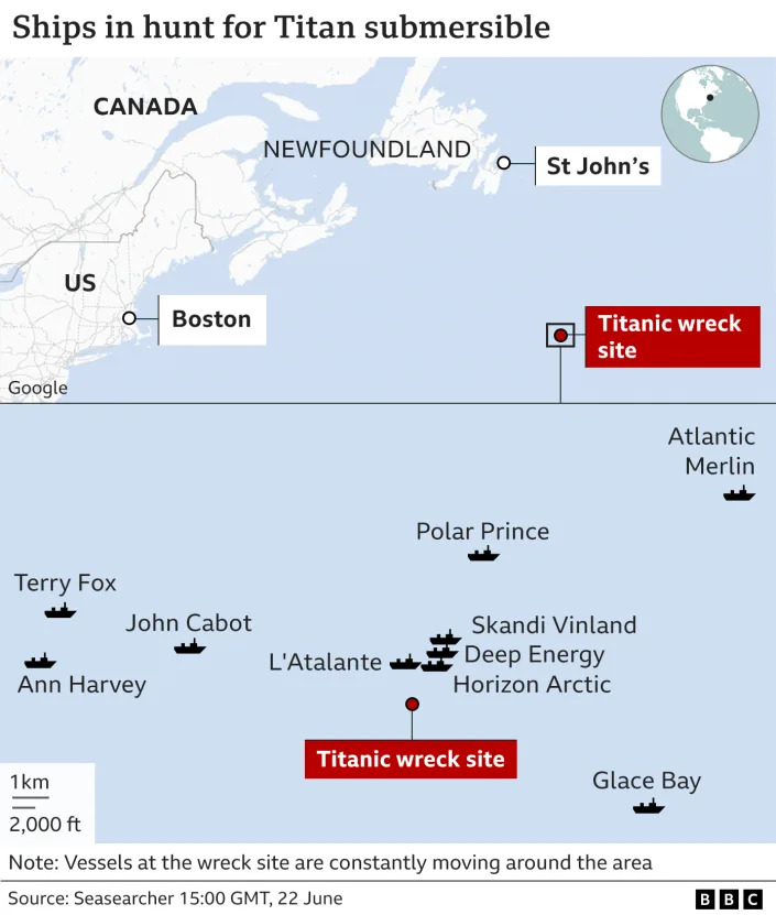 Map showing location of the Titanic wreck site in relation to Newfoundland and St John's and some of the ships being used in the search