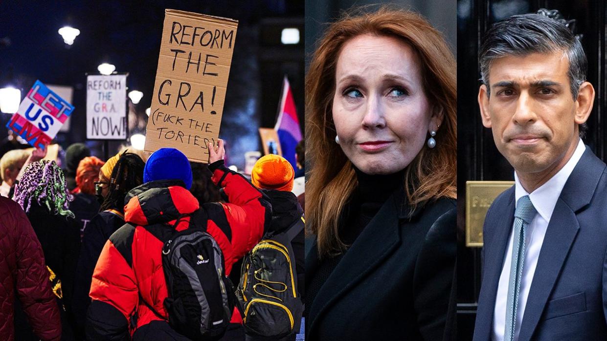 Protesters gathering Whitehall Downing Street support Scotland Gender Recognition Act Reform Bill transphobe JK Rowling UK Prime Minister Rishi Sunak