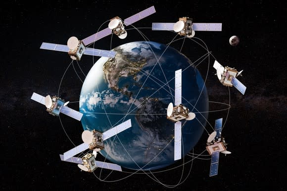 A depiction of nine satellites orbiting Earth.