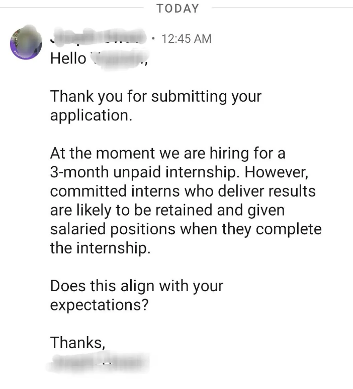 Email response indicating the user has applied for a 3-month unpaid internship, with potential for retention and paid positions for successful interns