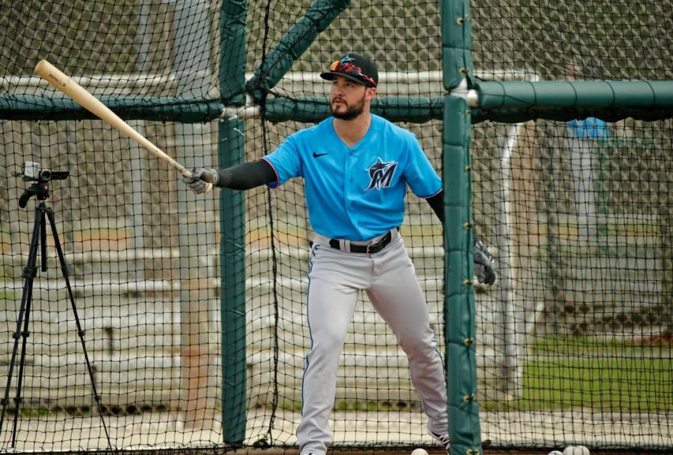 Miami Marlins infielder Eddy Alvarez (65) bats during the spring training workout at Roger Dean Stadium on Thursday, February 20, 2020 in Jupiter, FL.