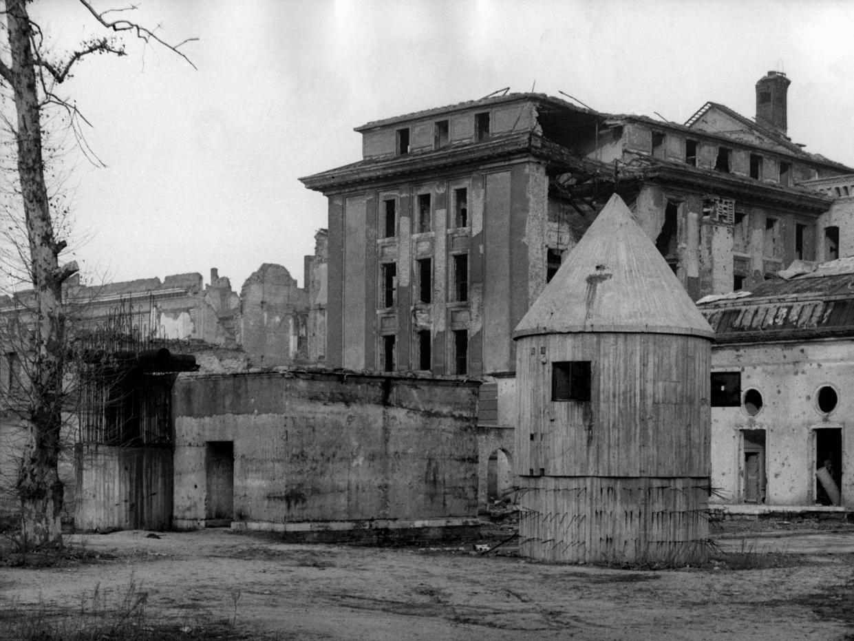 The crumbling facade of the Chancellory in Berlin above Hitler's bunker.