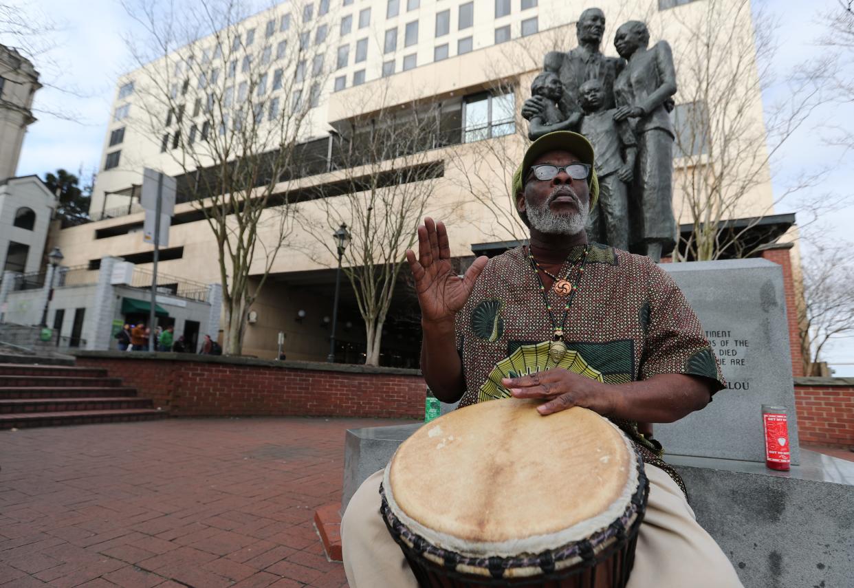 Abu Majied Major plays the drum during the opening libation ceremony for the 35th annual Savannah Black Heritage Festival on Saturday, February 3, 2024 on River Street.