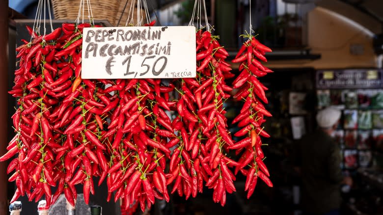 hanging bunches of Calabrian chiles