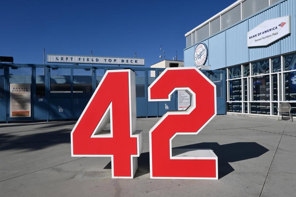 The No. 42 of former Brooklyn Dodgers player Jackie Robinson at the retired numbers plaza at Dodger Stadium in Los Angeles on July 10, 2020.