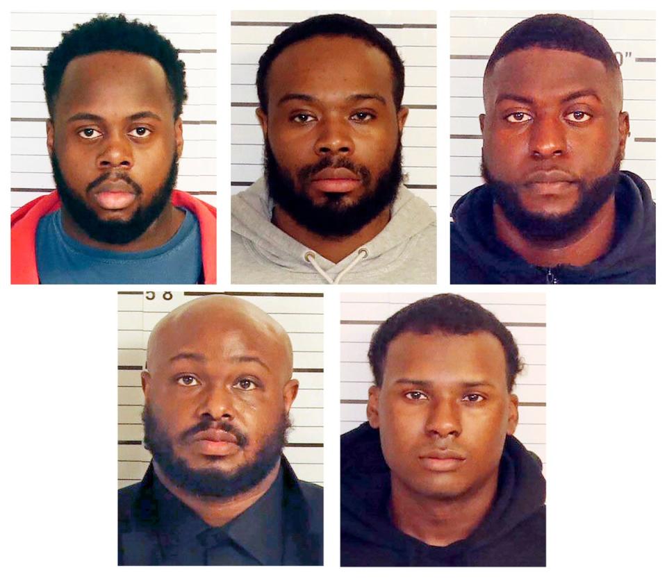 This combo of booking images provided by the Shelby County Sheriff's Office shows, from top row from left, Tadarrius Bean, Demetrius Haley, Emmitt Martin III, bottom row from left, Desmond Mills, Jr. and Justin Smith (AP)