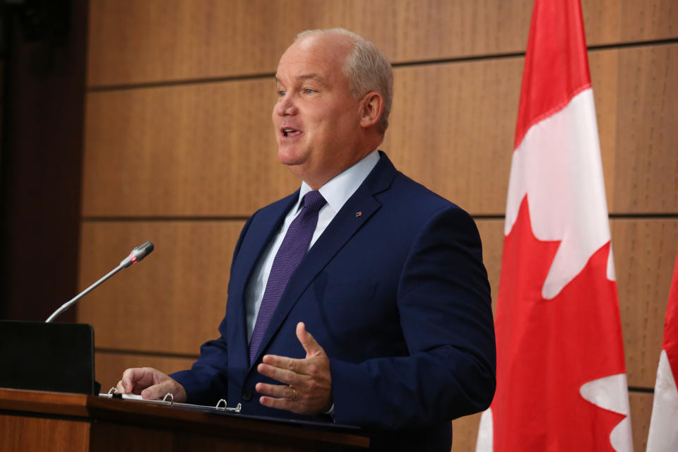 Conservative Party of Canada leader Erin O'Toole speaks during a news conference on Parliament Hill August 25, 2020 in Ottawa, Ontario. - Canadian Conservatives on August 24, 2020 announced their new leader, former air force navigator Erin O'Toole, who will quickly have to get the party battle-ready to challenge liberal Prime Minister Justin Trudeau in possible snap elections. Following a largely virtual campaign due to the coronavirus epidemic, O'Toole, 47, was proclaimed the winner early Monday after a record 175,000 voted in the party race. (Photo by Dave Chan / AFP) (Photo by DAVE CHAN/AFP via Getty Images)