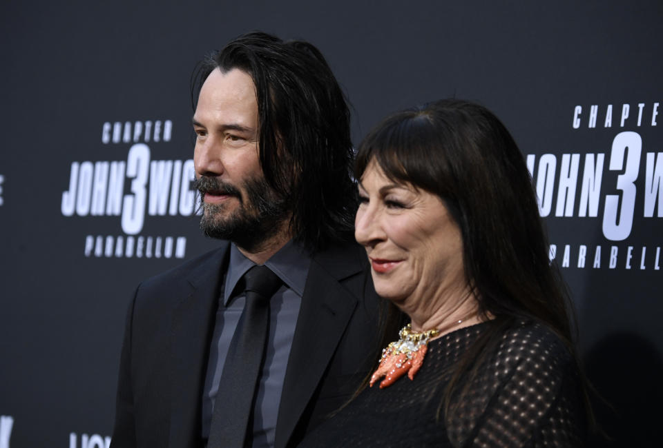 HOLLYWOOD, CALIFORNIA - MAY 15: Keanu Reeves and Anjelica Huston attend the special screening of Lionsgate's 