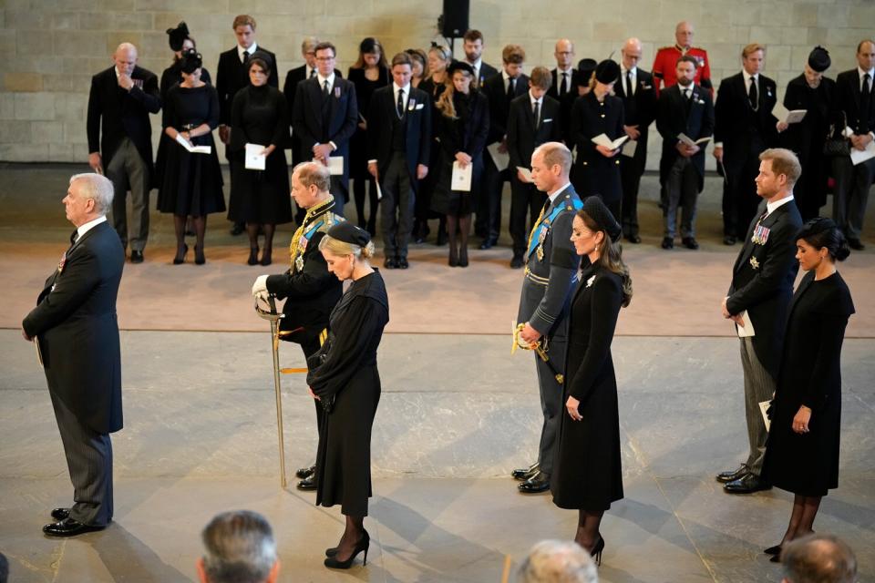 Prince Andrew, Duke of York, Prince Edward, Earl of Wessex, Sophie, Countess of Wessex, Prince William, Prince of Wales, Catherine, Princess of Wales, Prince Harry, Duke of Sussex and Meghan, Duchess of Sussex pay their respects inside the Palace of Westminster for the Lying-in State of Queen Elizabeth II