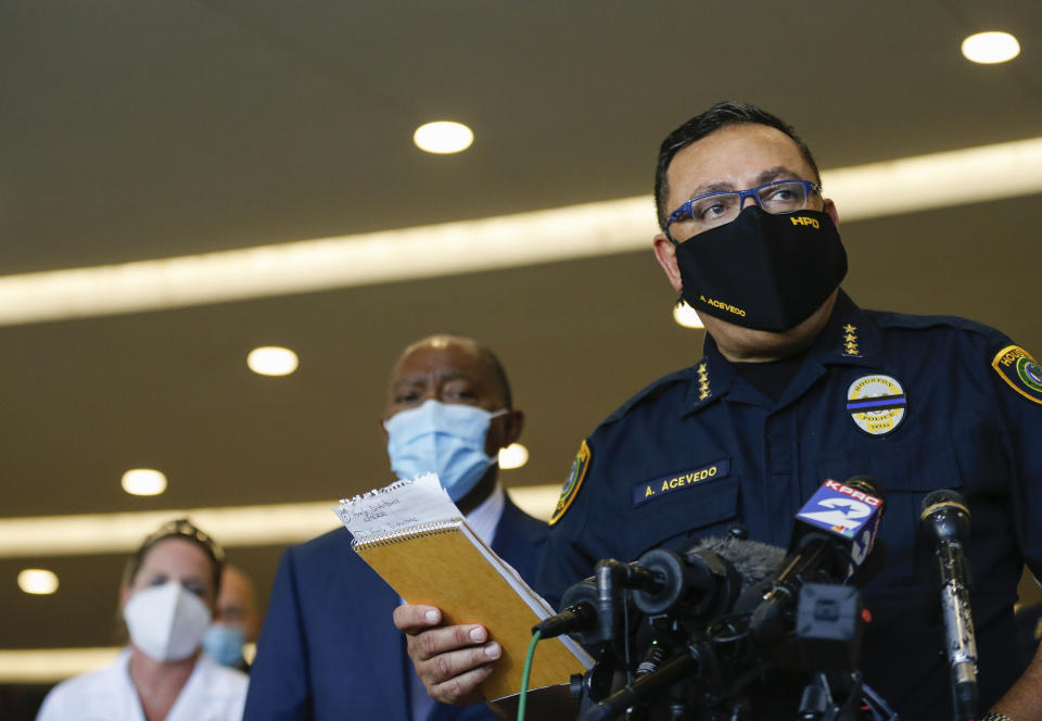 Houston Police chief Art Acevedo talks to reporters about the death of Sgt. Harold Preston, at Memorial Hermann Hospital on Tuesday, Oct. 20, 2020, in Houston. Two officers were shot by a suspect during a domestic violence call at an apartment complex. (Godofredo A. Vásquez/Houston Chronicle via AP)