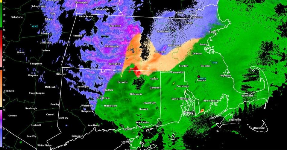 This radar image posted to social media by the National Weather Service shows rain, sleet and snow continuing early this morning.