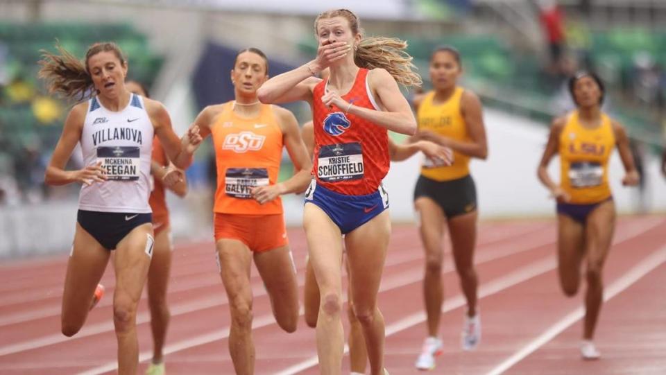 Boise State’s Kristie Schoffield, pictured winning an NCAA title, finished eighth in the women’s 800 meters at the USATF Outdoor Championships.