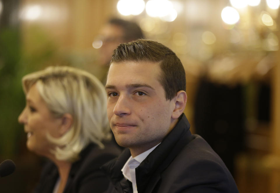 Leader of the French National Front Marine Le Pen, left, and Far-right top candidate of the National Rally party Jordan Bardella attend a press conference before a rally with right-wing EU leaders in Milan, Italy, Saturday, May 18, 2019. (AP Photo/Luca Bruno)