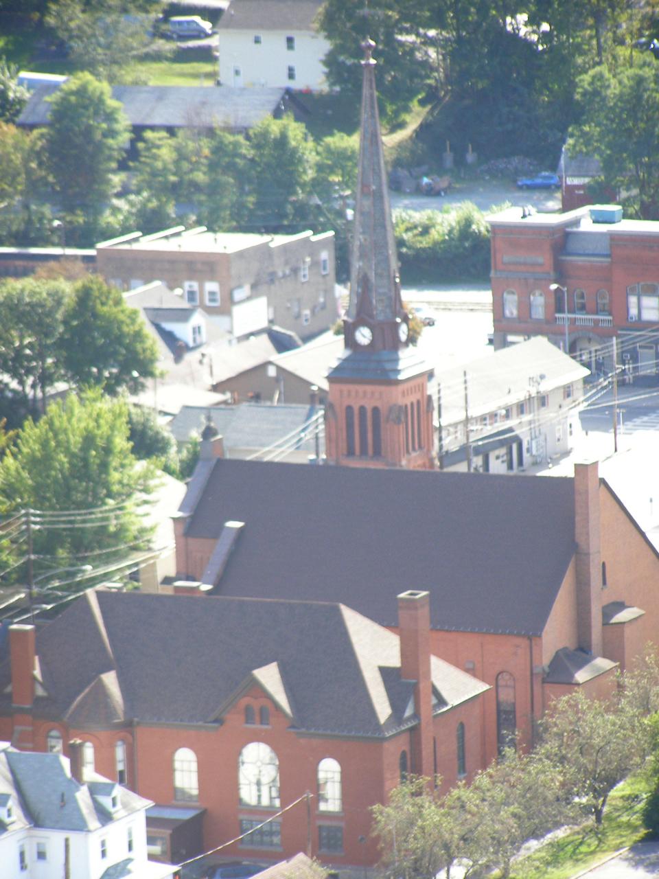 1st Presbyterian Church and Chapel, as seen from Irving Cliff in Honesdale.