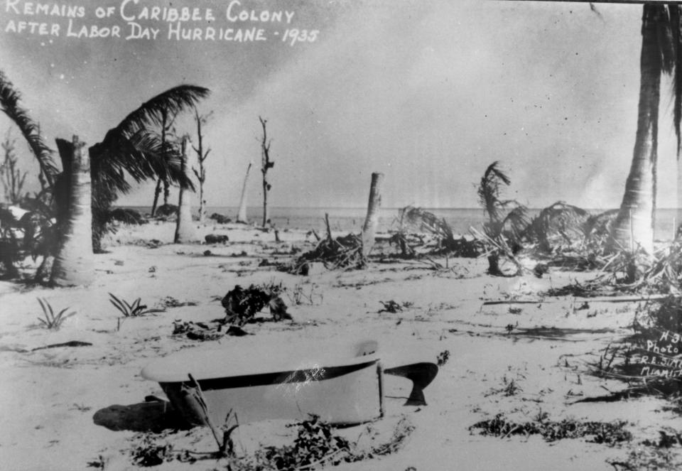 In this undated photo made available by the Keys History & Discovery Center, shows damage caused by the Labor Day Hurricane of 1935. The storm washed away many building, a train and killed over 400 people, many of them World War I veterans building a highway. (Keys History & Discovery Center via AP)