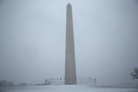 Freshly fallen snow covers the area around the Washington Monument after snow began to fall in Washington January 22, 2016. REUTERS/Jonathan Ernst