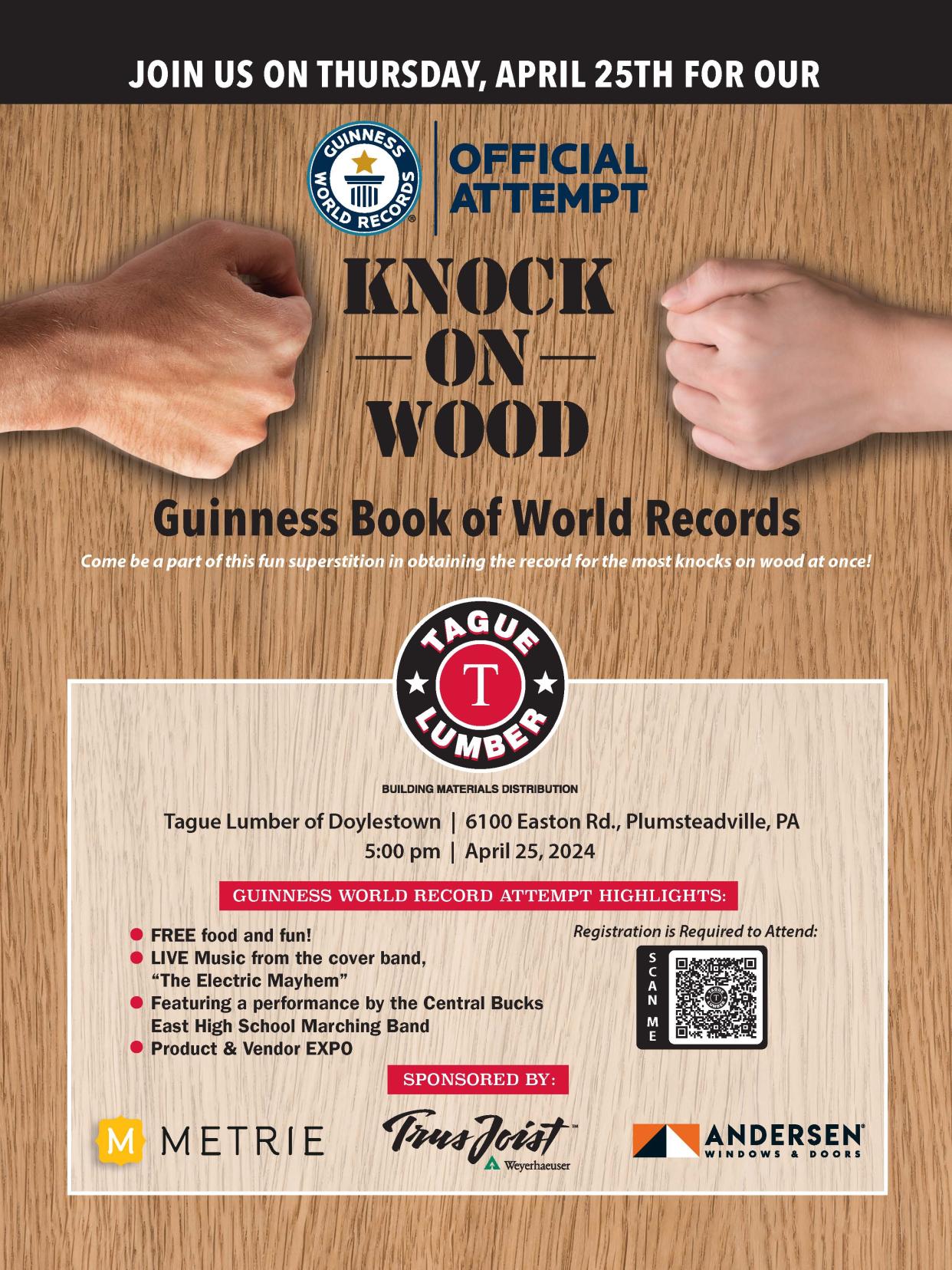 Tague Lumber of Doylestown, in Plumstead Township, will attempt to set a new Guinness World Record, on Thursday, April 25, 2024, for the most people knocking on wood simultaneously.