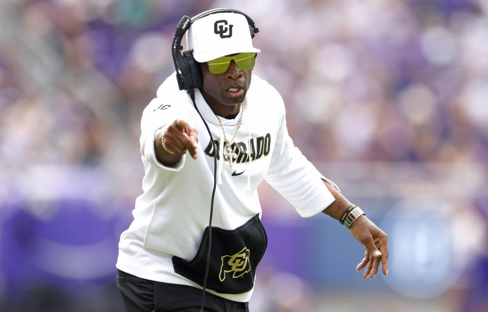 FORT WORTH, TX – SEPTEMBER 2: Head coach Deion Sanders of the Colorado Buffaloes celebrates a touchdown against the TCU Horned Frogs during the first half at Amon G. Carter Stadium on September 2, 2023 in Fort Worth, Texas. (Photo by Ron Jenkins/Getty Images)