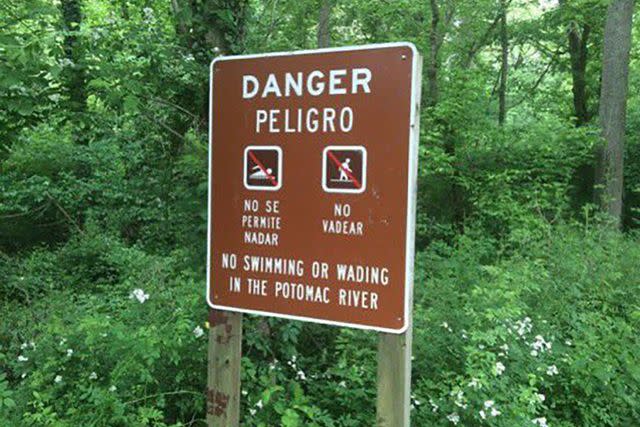 <p>x</p> Warning sign near Potomac River