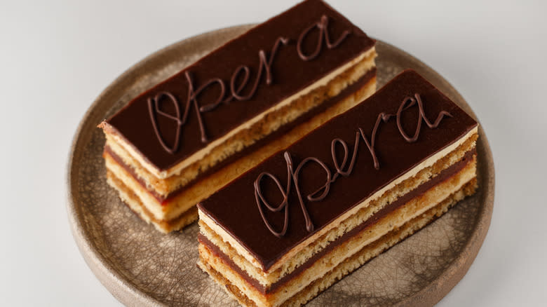 two slices of classic opera cake  