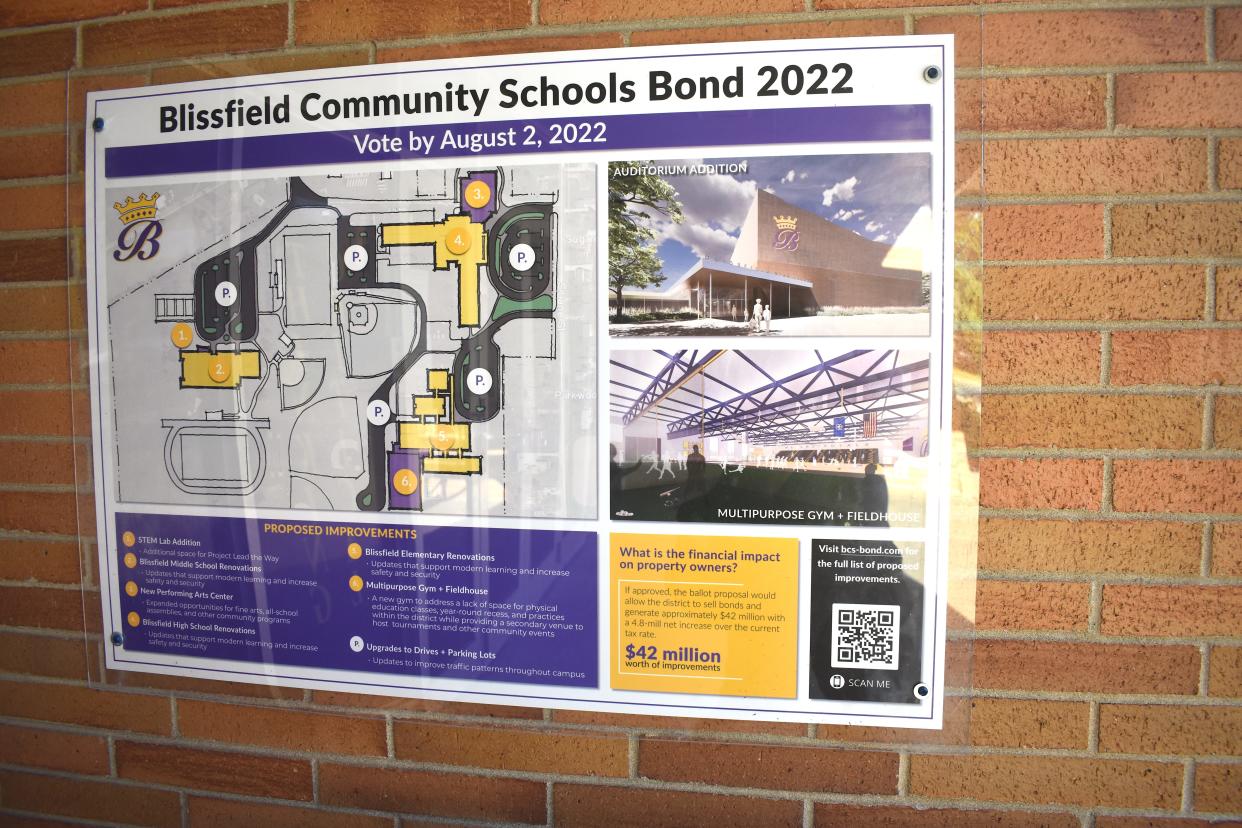 Information regarding Blissfield Community Schools bond proposal, which is on the Aug. 2 ballot, is seen Saturday outside the front entrance to Blissfield Elementary School.