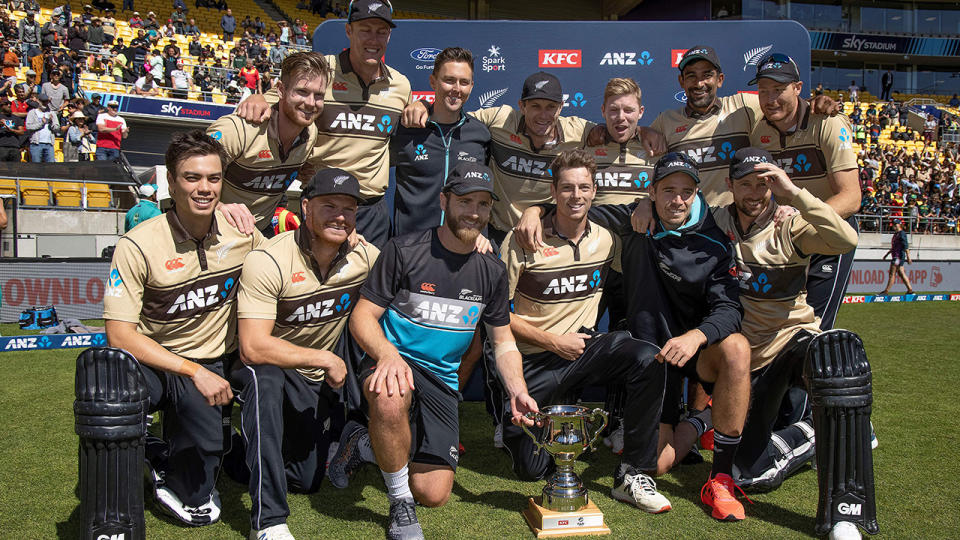 New Zealand celebrates winning the T20 series against Australia. (Photo by Marty MELVILLE / AFP) (Photo by MARTY MELVILLE/AFP via Getty Images)