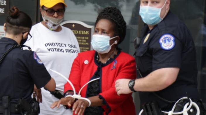 Democratic Texas Rep. Sheila Jackson Lee (center) is arrested by a member of U.S. Capitol Police as she participates in civil disobedience during a protest outside Hart Senate Office Building on Capitol Hill Thursday in Washington, D.C. (Photo by Alex Wong/Getty Images)