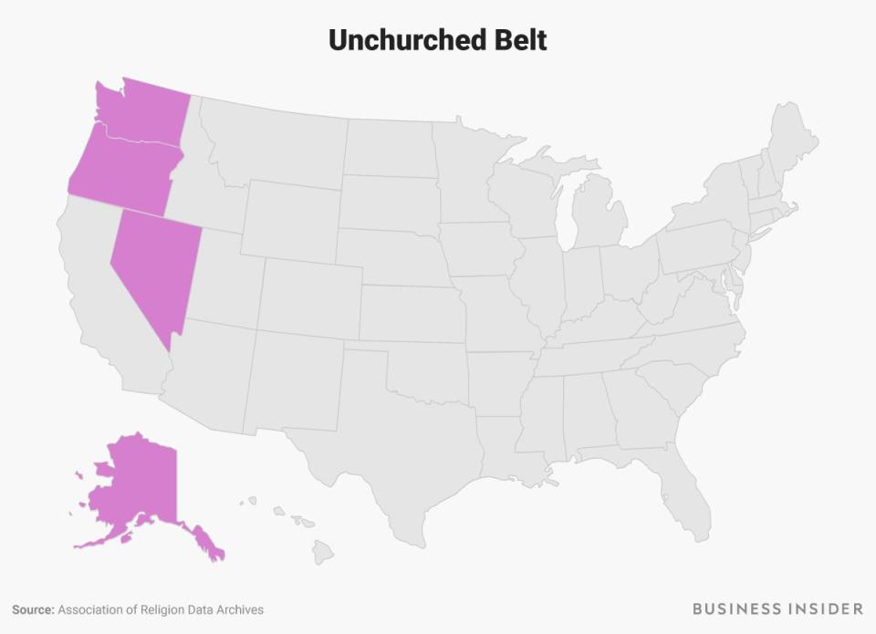 The Unchurched Belt region is highlighted in pink on a US map.