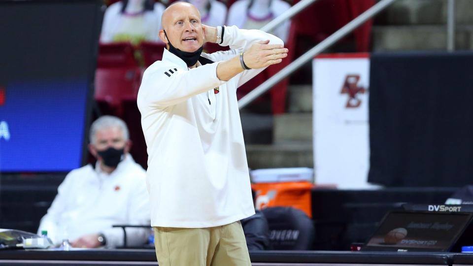 Mandatory Credit: Photo by Anthony Nesmith/CSM/Shutterstock (11677342cf)Chestnut Hill, MA, USA; Louisville Cardinals head coach Chris Mack reacts during the NCAA basketball game between Louisville Cardinals and Boston College Eagles at Conte ForumNCAA Basketball Louisville vs Boston College, Chestnut Hill, USA - 02 Jan 2021.