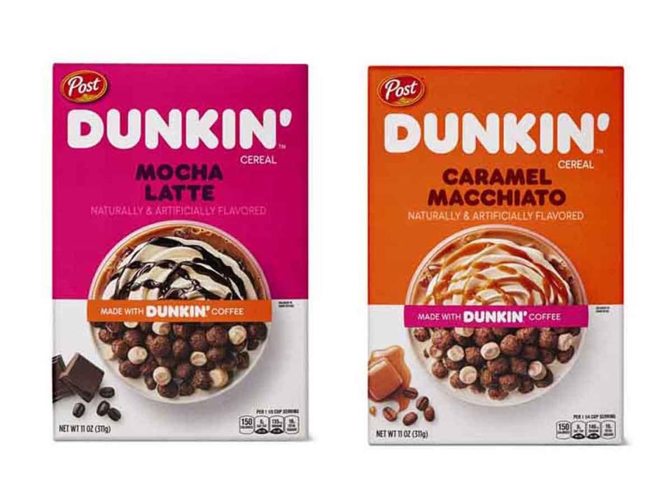 Aldi Dunkin mocha-latte and caramel-macchiato cereals in pink and orange boxes