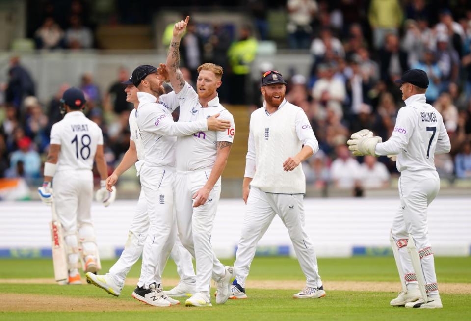 England’s Ben Stokes celebrates the wicket of India’s Virat Kohli (Mike Egerton/PA) (PA Wire)