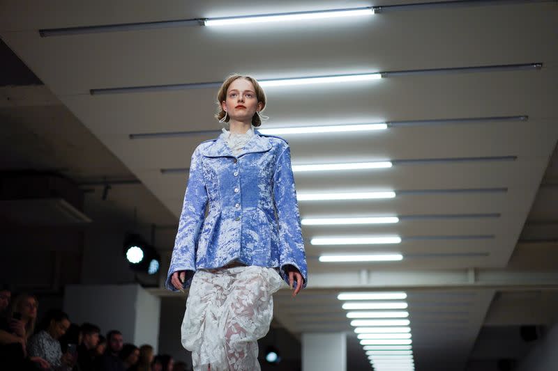 Model presents creation during the Yuhan Wang catwalk show at London Fashion Week in London