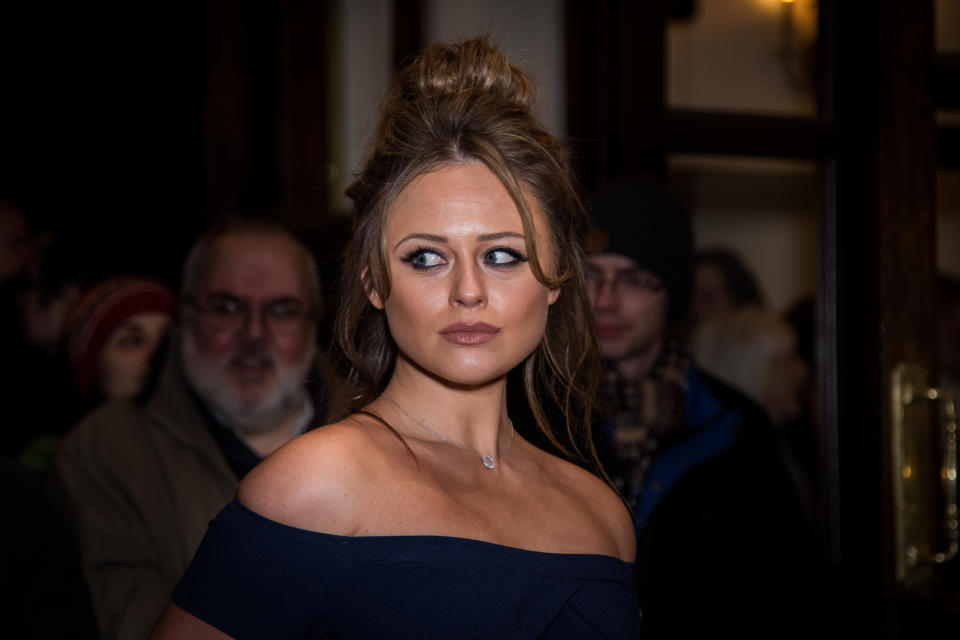 Emily Atack poses for photographers upon arrival at the world premiere of the play 'The End Of Longing' in London, Thursday, Feb. 11, 2016. (Photo by Vianney Le Caer/Invision/AP)